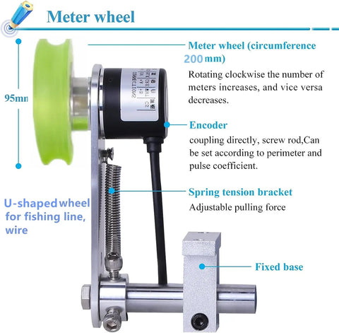 Game Changer Digital Wire Length Meter Counter Featuring Heavy Duty U Groove Wheel For Fishing Line Textile Thread And Electrical Cable Swift Precision Tracking Tool showing u-shaped 200mm meter wheel and encoder.