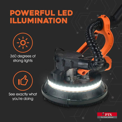 Electric Drywall Sander With Dust Collector Bag And Vacuum Attachment Pro Grade DIY Power Tool showing LED illumination