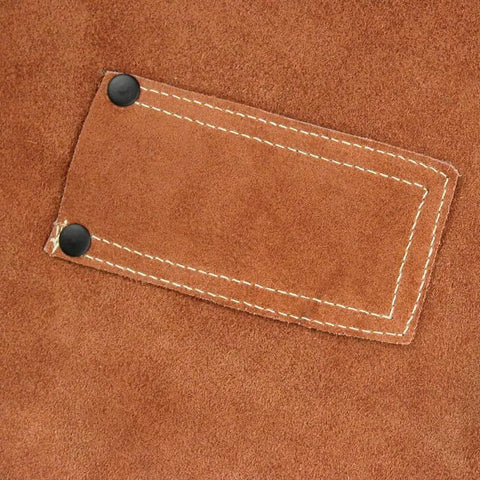 Close-up of stitching on Split Cowhide Welding Jacket With Stand Up Corduroy Collar, Heavy Duty Abrasion Resistant Leather, Kevlar Stitching, Satin Lined Shoulders, X Large Brown, Built For Sparks, Heat, And Spatter On Demanding Weld Tasks.