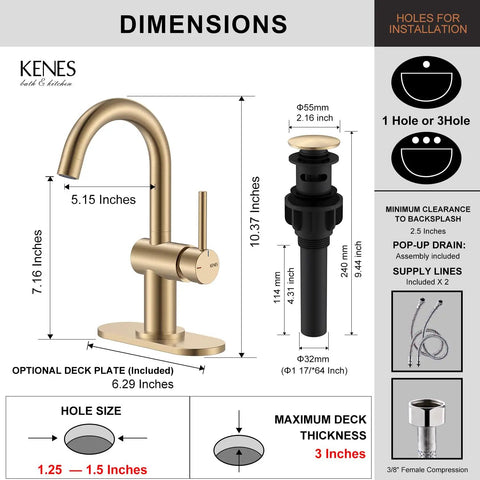 Champagne Bronze Single Handle Bathroom Faucet One Hole Vanity Sink With Lead Free Certified Design dimensions diagram.