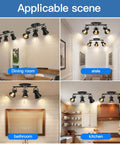 Gold Four Light Track Lighting Kit with Adjustable Heads in kitchen, hallway, dining room, and bathroom settings