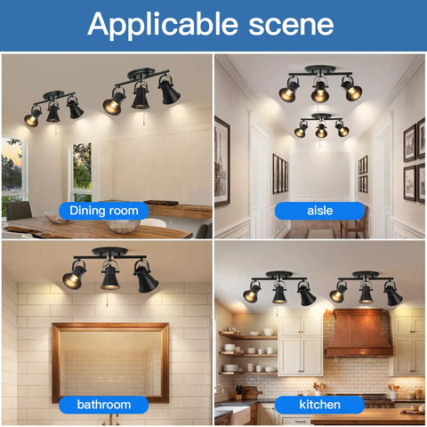 Gold Four Light Track Lighting Kit with Adjustable Heads in kitchen, hallway, dining room, and bathroom settings
