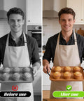 Side-by-side kitchen comparison showing uncooked and cooked muffins held by a person before and after baking.