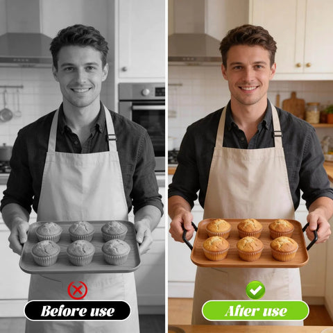 Side-by-side kitchen comparison showing uncooked and cooked muffins held by a person before and after baking.