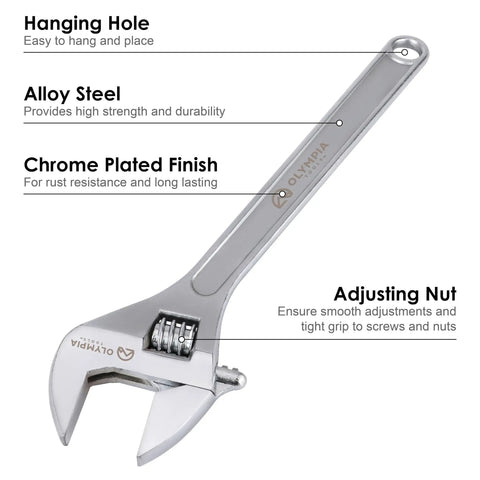 24 Inch Adjustable Wrench Heavy Duty Drop Forged Steel Chrome Plated With Precision Machined Jaws Rust Resistant For Quick Auto Repairs And Home Fixes Easy Access In Tight Spots Built To Last with labeled features including hanging hole, alloy steel body, chrome plated finish, and adjusting nut.
