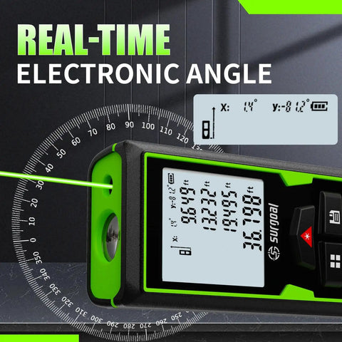 Green Laser Distance Meter With USB C Rechargeable Battery Live XY Angle Sensor 196 Feet Range For Quick Accurate Measurements In DIY Projects Easy To Use For Home Renovation And Construction, angled view with digital display