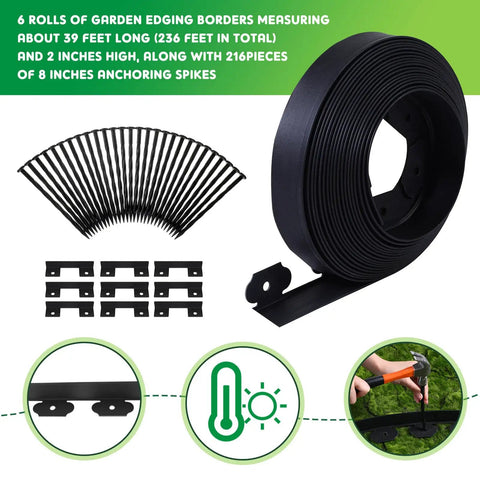 236 Ft Garden Landscape Edging Kit With 2 Inch Tall Border 216 Anchoring Spikes 21 Connectors Flexible Plastic Border Roll For Grass Yard Black Easy To Install with components