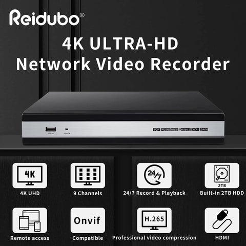 4K 9 Channel NVR Security Recorder For Home Surveillance Supports 8MP IP Cameras At 25fps With Local And Remote Access ONVIF Compatible Pre Installed 2TB HDD Expandable To 6TB No PoE Ports Included on display