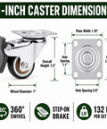 1 Inch Swivel Caster Wheel dimensions displaying 360° swivel, step-on brake, and size details for Top Notch 1 Inch Swivel Caster Wheels Set Of 4 Featuring Rock Solid Brake Locks For Couches Tables Planters And Drawers Straight Up A Game Changer When Moving Heavy Stuff Around The Home Now.