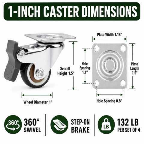 1 Inch Swivel Caster Wheel dimensions displaying 360° swivel, step-on brake, and size details for Top Notch 1 Inch Swivel Caster Wheels Set Of 4 Featuring Rock Solid Brake Locks For Couches Tables Planters And Drawers Straight Up A Game Changer When Moving Heavy Stuff Around The Home Now.