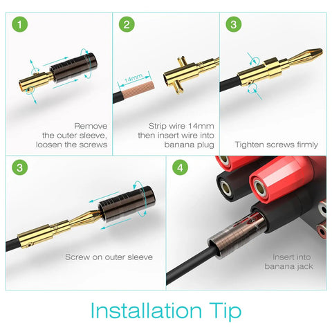 Banana Plugs 24K Gold Plated, 12 Pairs Closed Screw Speaker Plug Connectors for Speaker Wire, Wall Plates, Home Theater, AV Receivers, Amplifiers and Sound Systems, Easy Install with Secure Fit and Crystal Clear Audio installation steps