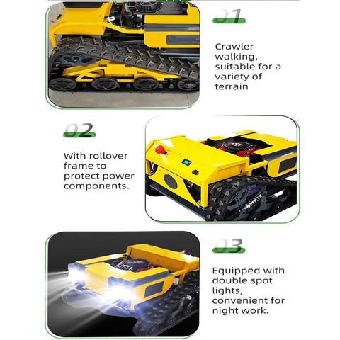 Tracked Remote Control Lawn Mower With 9.5HP Gasoline Engine featuring crawler tracks, rollover frame, and LED headlights.