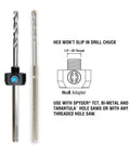 Front view of two Spyder Hex8 3/8-inch quick-change hole saw arbors with 1/2-20 thread and HSS pilot bits