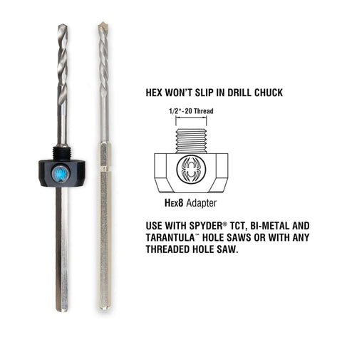 Front view of two Spyder Hex8 3/8-inch quick-change hole saw arbors with 1/2-20 thread and HSS pilot bits