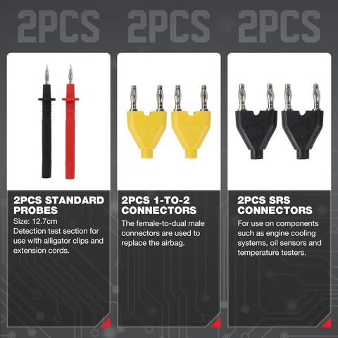 114 Piece Multimeter Test Leads Kit With Back Probe Probes And Alligator Clips For Automotive Diagnostics And Electrical Testing Perfect For Auto Techs And DIY Labs including standard probes, 1-to-2 connectors, and SRS connectors.