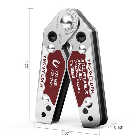 YESWELDER adjustable angle welding magnet, 20–200°, 77 lb holding power, silver with red labels
