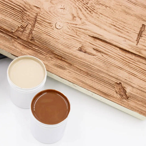 4 Oz Champagne Mist Touch Up Paint Kit For Faux Wood Beams And Trim includes beige and brown tint jars on wooden surface.