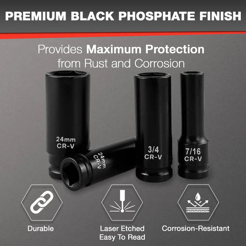 Close-up of 29 Piece 1/2 Inch Drive Deep Impact Socket Set with black phosphate finish showing engraved labels on sockets.