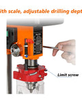Heavy Duty 12 Speed Benchtop Drill Press Stand With Robust 750W Motor Variable Speed Control And Adjustable Height Table For Precision Drilling On Iron Aluminum Wood And Plastic Materials showing adjustable drilling depth scale and limit screw.