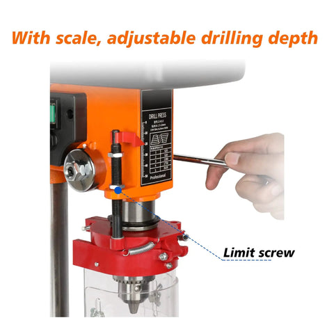 Heavy Duty 12 Speed Benchtop Drill Press Stand With Robust 750W Motor Variable Speed Control And Adjustable Height Table For Precision Drilling On Iron Aluminum Wood And Plastic Materials showing adjustable drilling depth scale and limit screw.
