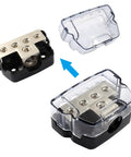 Four Way Amp Power Distribution Block For Car Audio Rig Wiring With One Input And Four Output Terminals, Supports 0 2 4 AWG In And 4 8 10 AWG Out installed with clear cover
