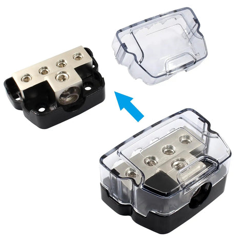 Four Way Amp Power Distribution Block For Car Audio Rig Wiring With One Input And Four Output Terminals, Supports 0 2 4 AWG In And 4 8 10 AWG Out installed with clear cover