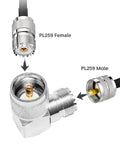 UHF Male PL259 To SO239 UHF Female Coax Adapters Right-Angle L-Shaped Low-Loss Antenna Connector close-up with cable ends.