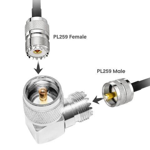 UHF Male PL259 To SO239 UHF Female Coax Adapters Right-Angle L-Shaped Low-Loss Antenna Connector close-up with cable ends.