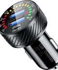 36W Dual USB Quick Charge 3.0 Car Charger Adapter For Smartphones with LED voltage display and ON-OFF switch for vehicle power supply.