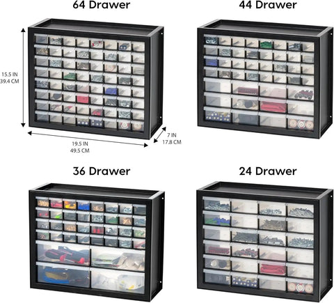 Size comparison of 64, 44, 36, and 24 drawer plastic storage organizers, showcasing dimensions and multiple uses.