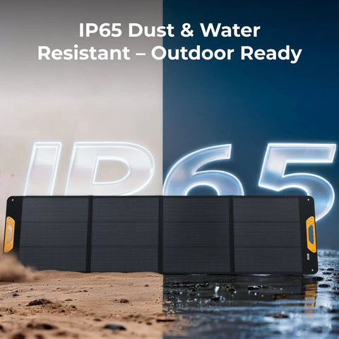 200W Portable Solar Panel With N Type Cells Foldable Fiberglass Reinforced Construction Twenty Five Percent Higher Conversion Efficiency IP65 Water Resistant For Camping RV Van Boat And Off Grid Power showing IP65 dust and water resistance in outdoor setting