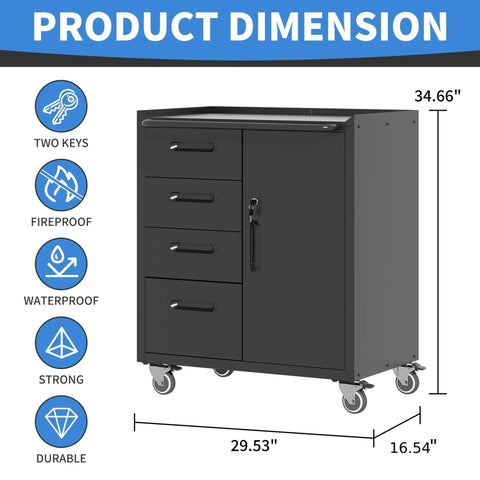 Dimensions of Beefy Heavy-Duty Metal Rolling Storage Cabinet With Wheels For Workshop, Garage Tool Cabinet With 1 Door, Black
