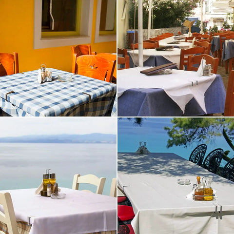 Outdoor cafes with blue and white tablecloths secured by 16 Pack Heavy Duty Tablecloth Clips Stainless Steel Clamps For Outdoor Use