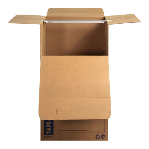 Heavy Duty Tape Free Wardrobe Moving Boxes 3 Pack With Sturdy Hanging Rail And Grippy Handles open cardboard box for easy packing.