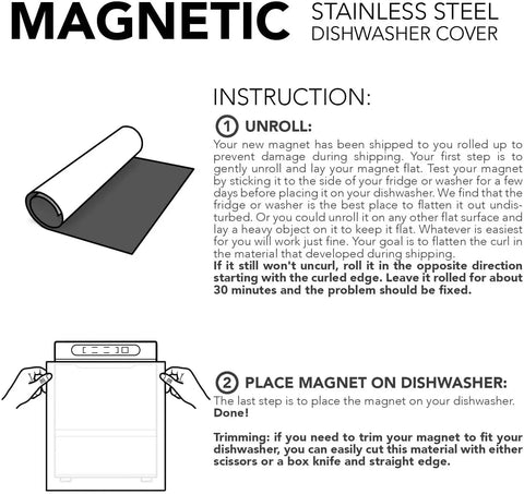Instruction sheet for Stainless Steel Magnetic Dishwasher Cover For Front Panel 23 By 28 Inches with unrolling and placement steps.
