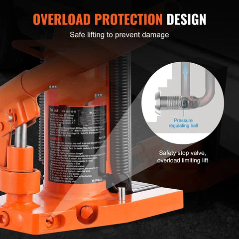 Heavy Duty 10 Ton Hydraulic Toe Jack For Pickup Trucks And Vans With Seamless Steel Frame showing overload protection design features.