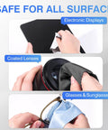 Zeefpod microfiber cloths for glasses and screens; 60-pack, 6x7 in, black/gray/light blue; shown cleaning screens.