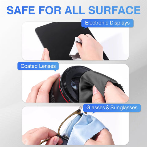 Zeefpod microfiber cloths for glasses and screens; 60-pack, 6x7 in, black/gray/light blue; shown cleaning screens.