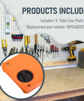 Table Saw Plate Dado Throat Kit 1 Inch Slot Width Replacement Part For Ridgid And Ryobi Table Saws Compatible With R4514 R4514T R4518 R4518T R4518NS Top Pick Pro Grade Install, orange plate with workshop tools in background