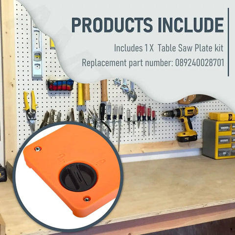Table Saw Plate Dado Throat Kit 1 Inch Slot Width Replacement Part For Ridgid And Ryobi Table Saws Compatible With R4514 R4514T R4518 R4518T R4518NS Top Pick Pro Grade Install, orange plate with workshop tools in background