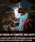 Welder wearing Split Leather Sleeved Welding Jacket With Flame Resistant Cotton Body Black And Red Medium Pro Grade Gear for safety.