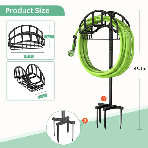 Upgraded Garden Hose Holder With Metal Reel And Detachable Tool Storage Basket freestanding outdoor stand with hose
