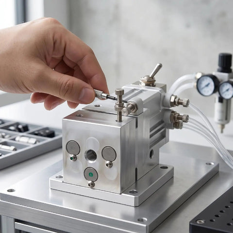 Hand adjusting the valve on a Heavy Duty Aluminum Pneumatic Vise With 3mm Stroke Air Operated Clamp Fixture for CNC projects.