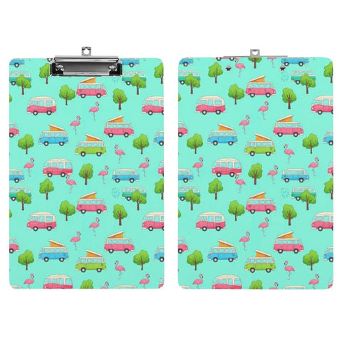 Happy Camping Themed Acrylic Clipboard For Office And Outdoors, Thick Durable Writing Surface, Fits A4 And US Letter Papers, Clear See Through Finish, Ideal For Note Taking, Sketching, And On The Go. acrylic clipboard with campervan and flamingo print