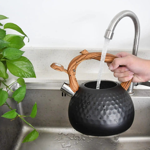 Loud Stovetop Tea Kettle With Whistle For Boiling Water Coffee Or Milk 3.1 Quart Heavy Stainless Steel Black With Wood Pattern Handle