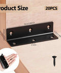 20 Pack Heavy Duty Metal L Brackets For Wood With Screws, Black 90 Degree Corner Braces with dimensions and a screw visible