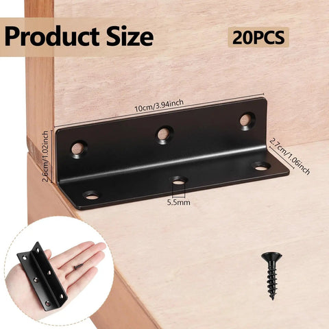 20 Pack Heavy Duty Metal L Brackets For Wood With Screws, Black 90 Degree Corner Braces with dimensions and a screw visible