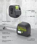 Two In One Laser Tape Measure With 130Ft Laser Range And 16Ft Tape, Digital Laser Meter With M In Ft Ft In Units, LCD Display, Self Locking Tape, Belt Clip For Quick, Accurate DIY And Professional Jobs. Rear belt clip, laser outlet, retract button, and tape