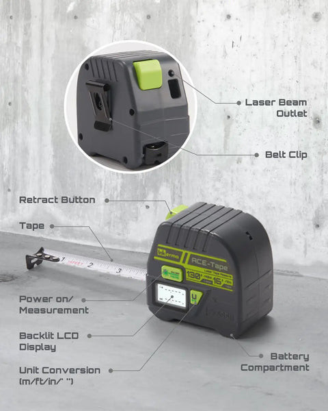 Two In One Laser Tape Measure With 130Ft Laser Range And 16Ft Tape, Digital Laser Meter With M In Ft Ft In Units, LCD Display, Self Locking Tape, Belt Clip For Quick, Accurate DIY And Professional Jobs. Rear belt clip, laser outlet, retract button, and tape