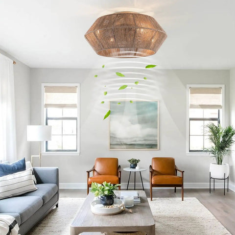 Rattan Ceiling Fan with Caged Flush Mount Low Profile for Bedroom Living, stylish light fixture in modern living room.